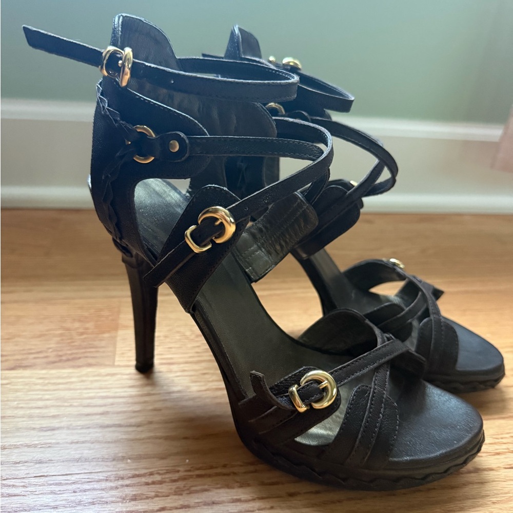 Stuart Weitzman Brown Strappy High Heel Sandals with Gold Buckles